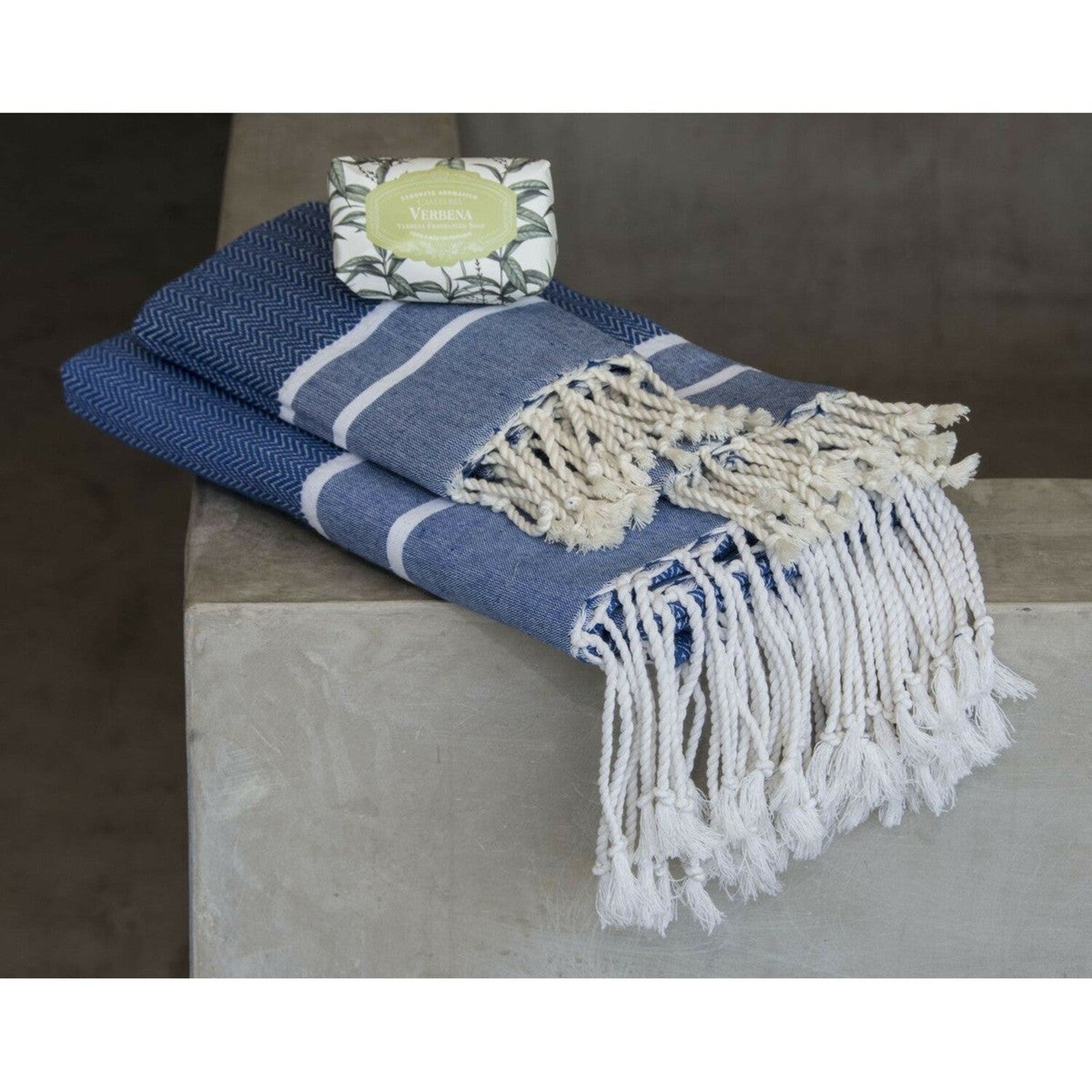 Foutas De Bain (1+2) Coton 100X200+2(50X80) Stockholm Bleu Grec / Blanc