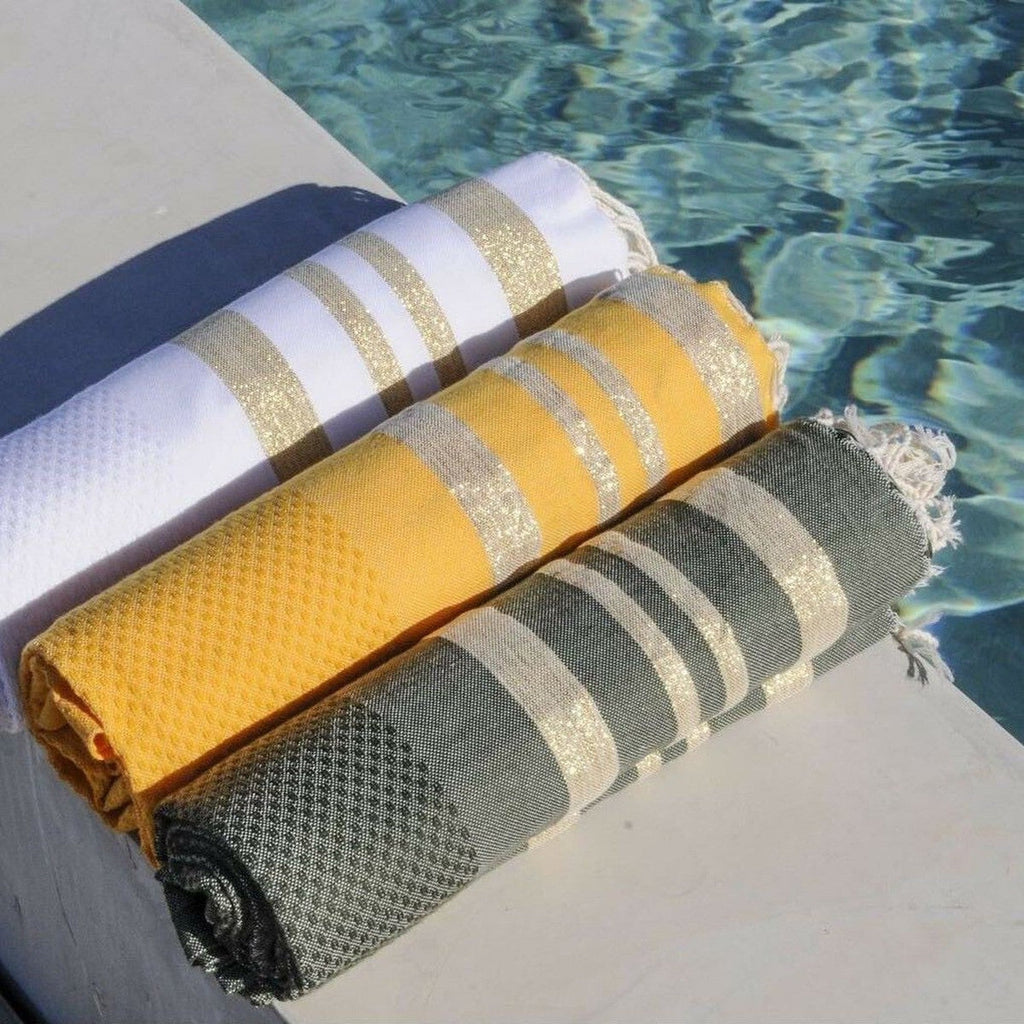 Honeycomb cotton fouta 100x200 HAMPTONS khaki green / gold