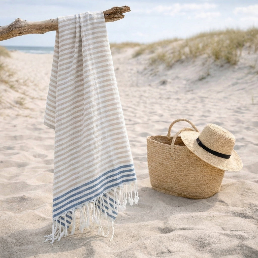 Fouta Pareo - Algodón - Beige / Azul Denim - Bora Bora