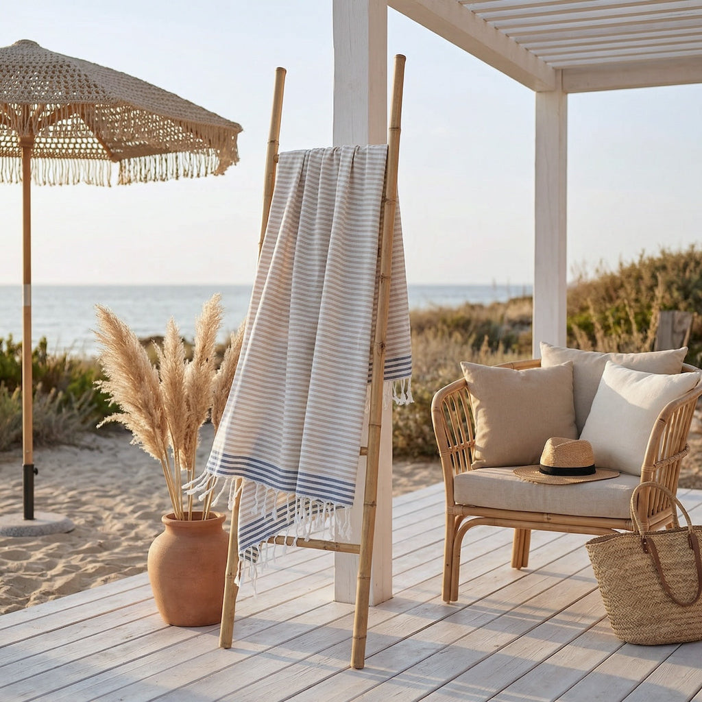 Fouta Pareo - Algodón - Beige / Azul Denim - Bora Bora