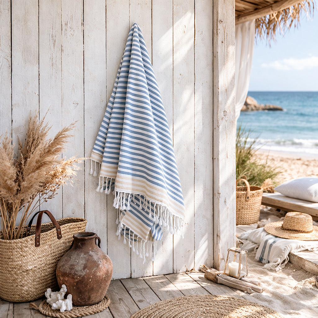 Fouta Pareo - Algodón - Azul Tormenta / Beige - Bora Bora