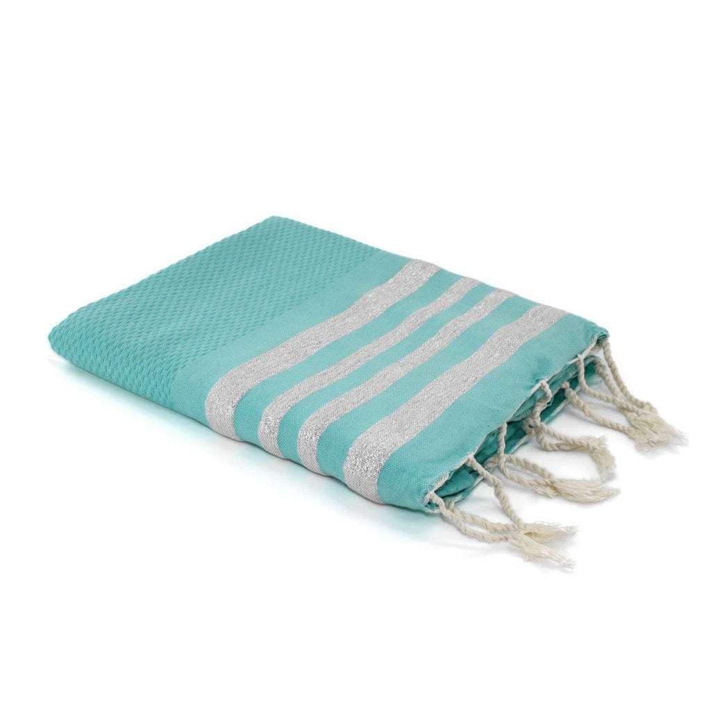 Fouta Nid D'Abeille Coton 100X200 Hamptons Vert Turquoise / Argent