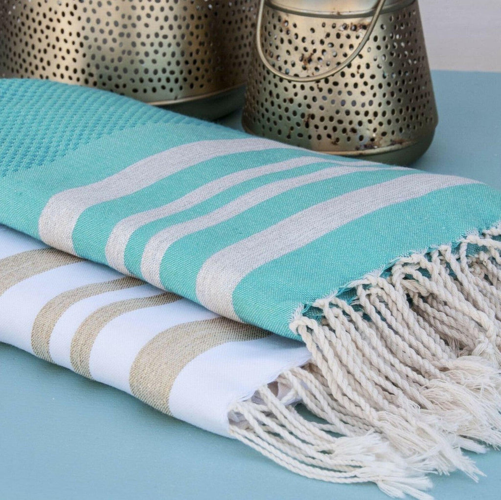 Fouta Nid D'Abeille Coton 100X200 Hamptons Vert Turquoise / Argent