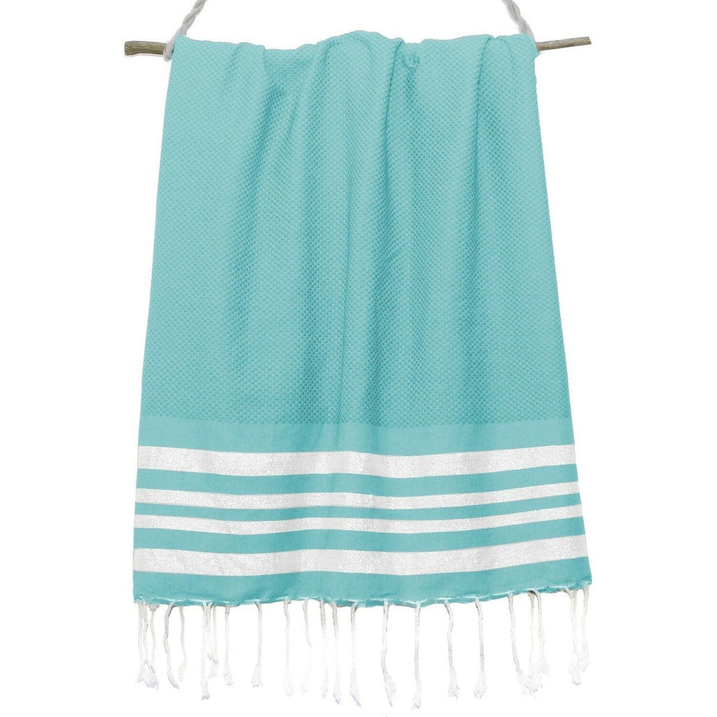 Fouta Nid D'Abeille Coton 100X200 Hamptons Vert Turquoise / Argent