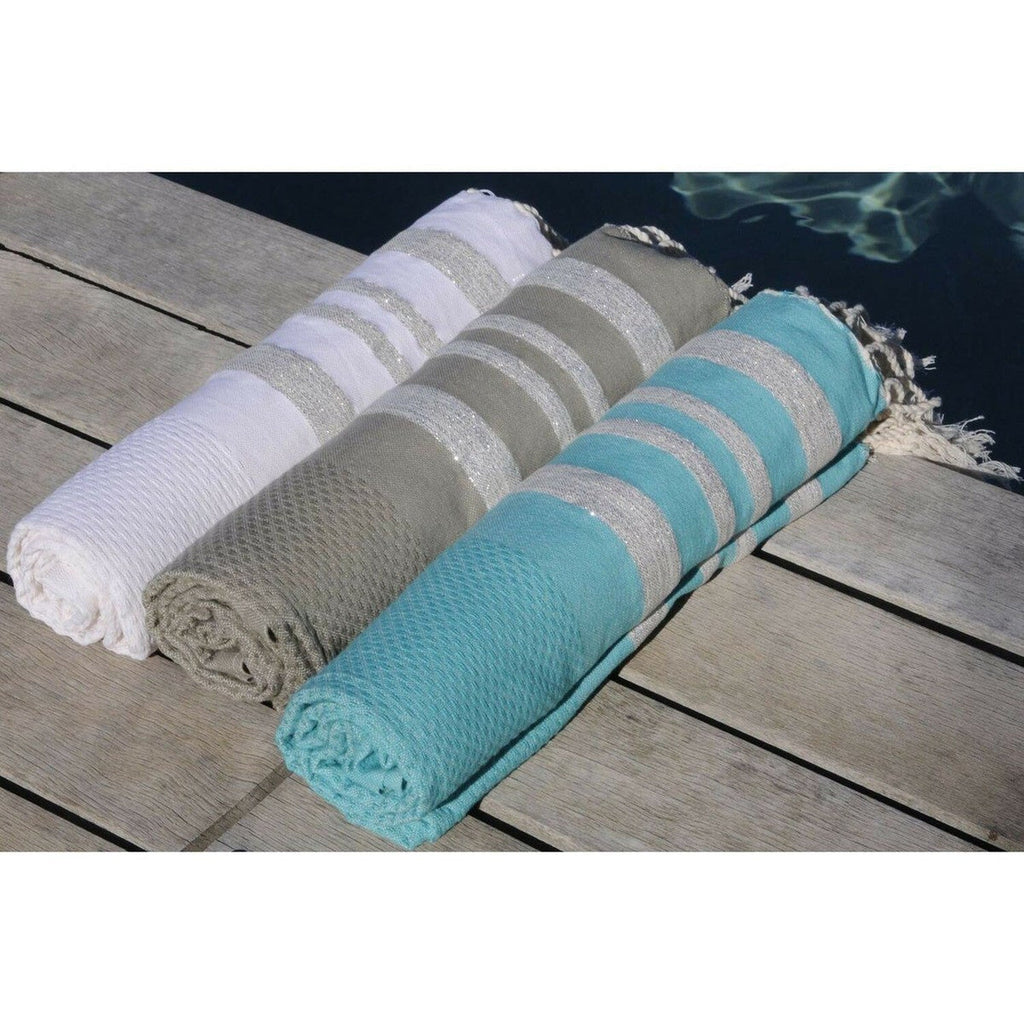 Fouta Nid D'Abeille Coton 100X200 Hamptons Vert Turquoise / Argent