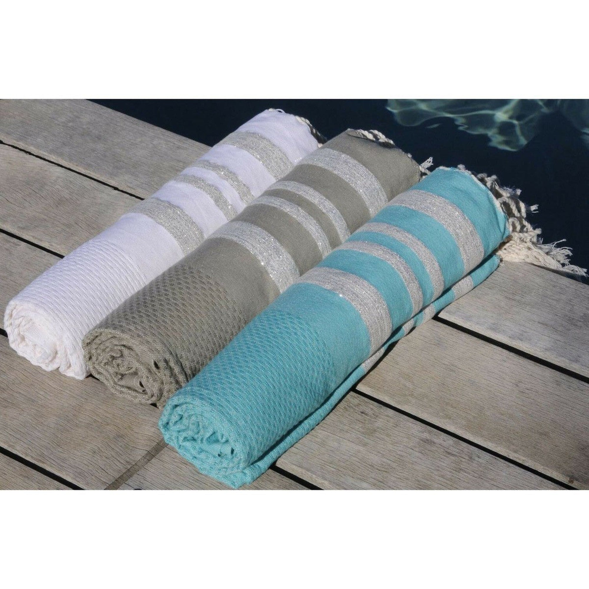Fouta Nid D'Abeille Coton 100X200 Hamptons Vert Turquoise / Argent