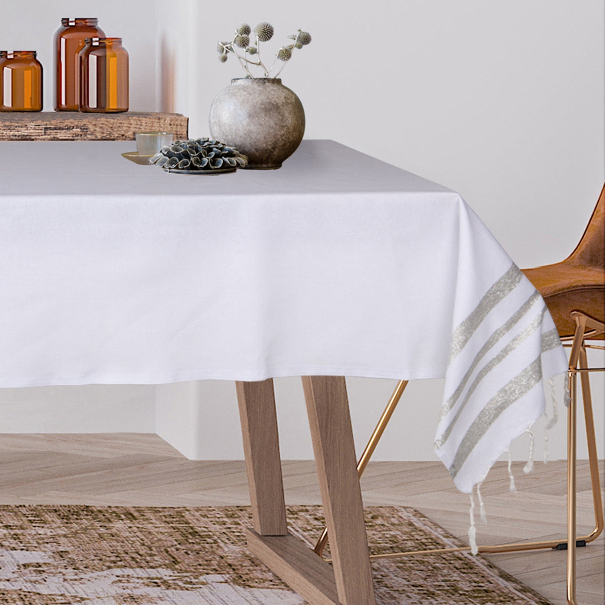 Cotton tablecloth 170x170 HAMPTONS white / silver