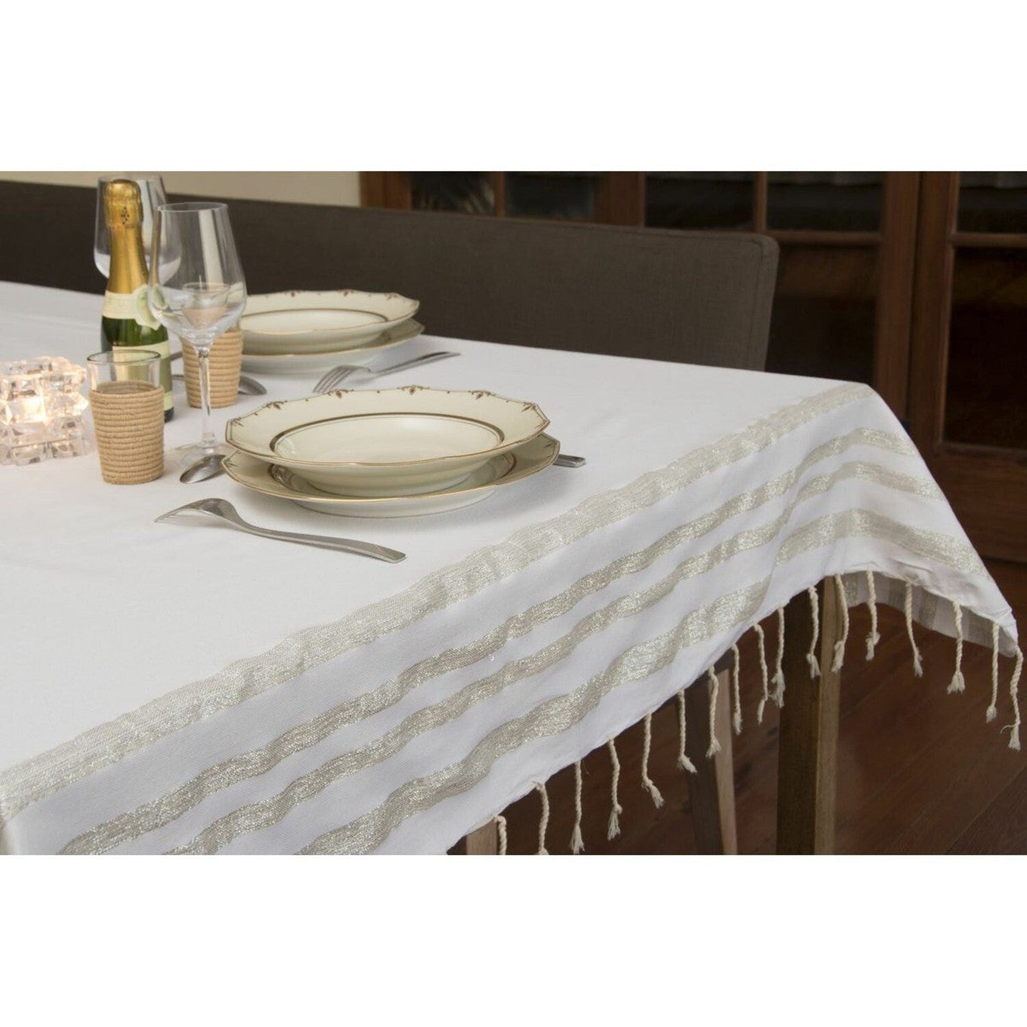 Cotton tablecloth 170x170 HAMPTONS white / silver