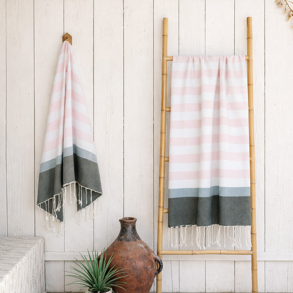 Fouta Tricolor - Algodón - Rosa Pálido / Salvia / Caqui - Arcachon