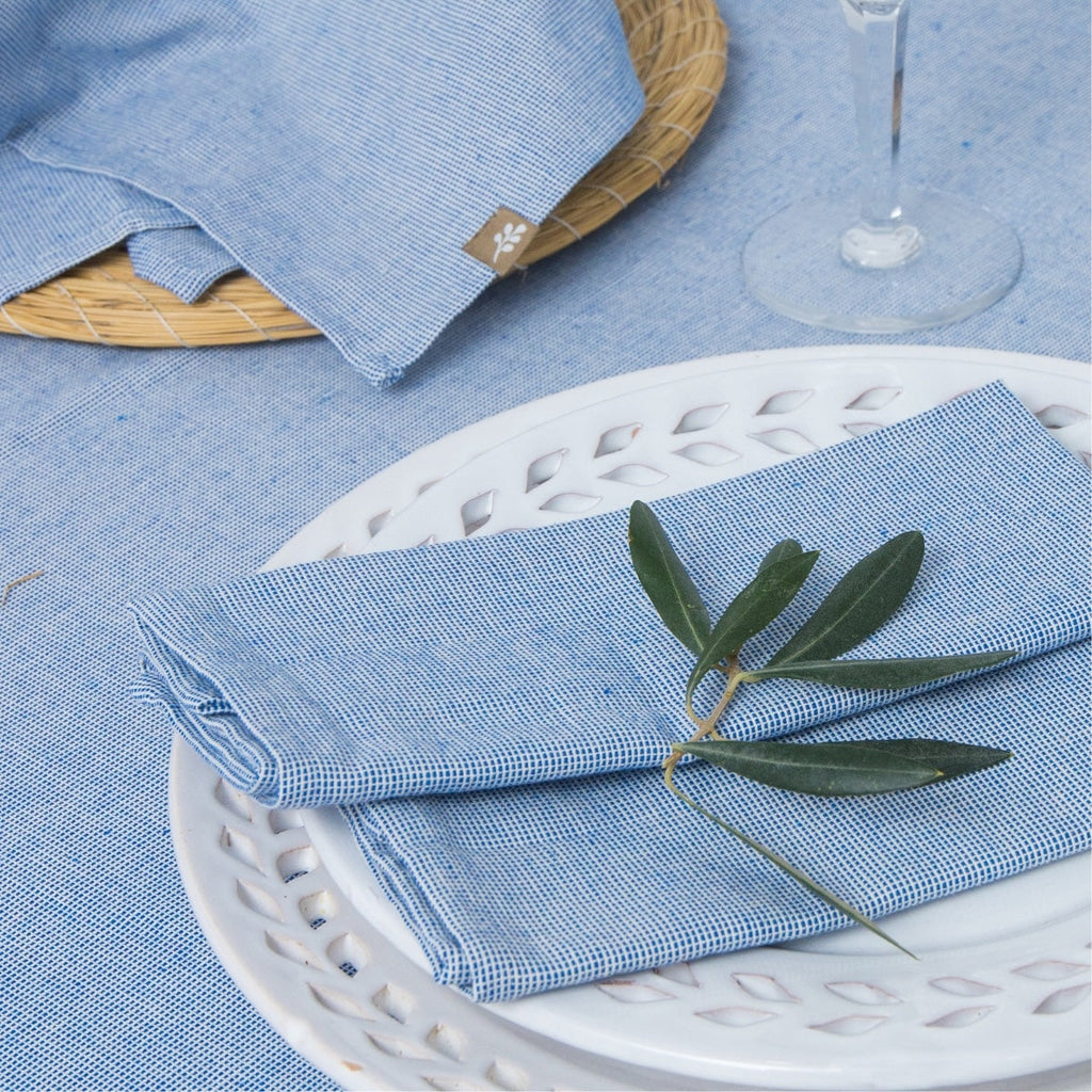 Colette - Chemin De Table + 4 Serviettes - Bleu Grec