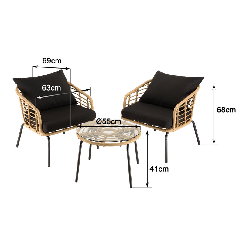 Malo - Lot De 2 Fauteuils Jardin - Acier/Rotin Synthétique/Verre Trempé/Tissu Polyester 100% - Noir/Bois Clair