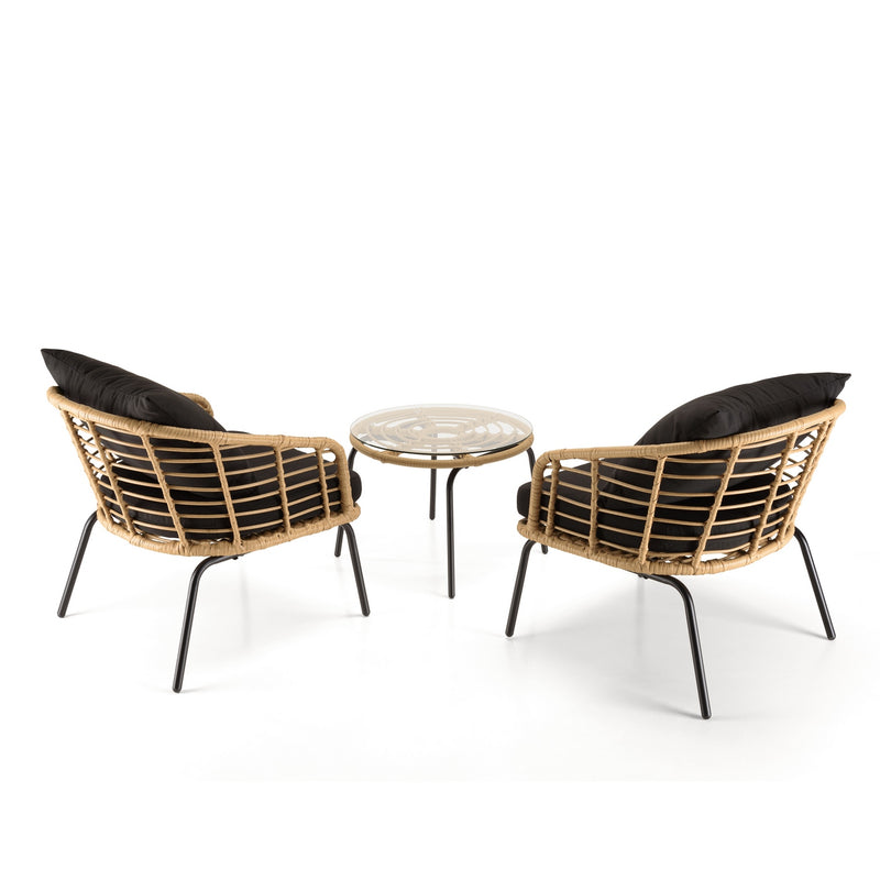 Malo - Lot De 2 Fauteuils Jardin - Acier/Rotin Synthétique/Verre Trempé/Tissu Polyester 100% - Noir/Bois Clair