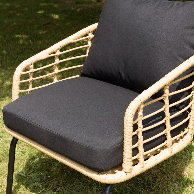 Malo - Lot De 2 Fauteuils Jardin - Acier/Rotin Synthétique/Verre Trempé/Tissu Polyester 100% - Noir/Bois Clair