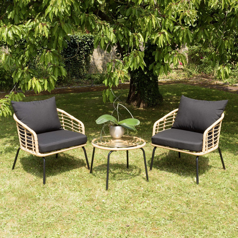 Malo - Lot De 2 Fauteuils Jardin - Acier/Rotin Synthétique/Verre Trempé/Tissu Polyester 100% - Noir/Bois Clair