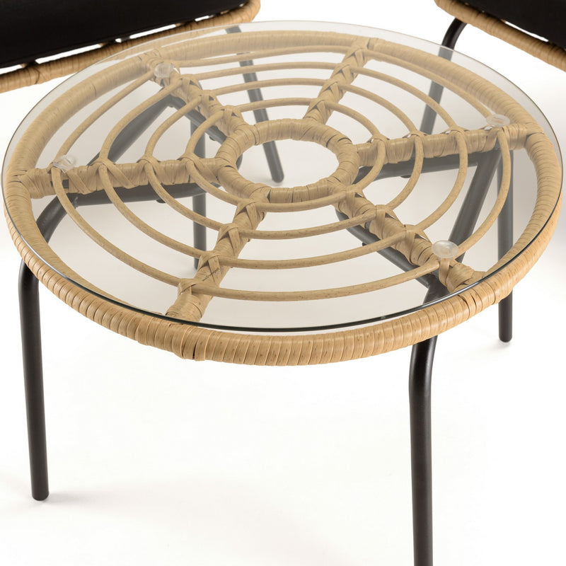 Malo - Lot De 2 Fauteuils Jardin - Acier/Rotin Synthétique/Verre Trempé/Tissu Polyester 100% - Noir/Bois Clair