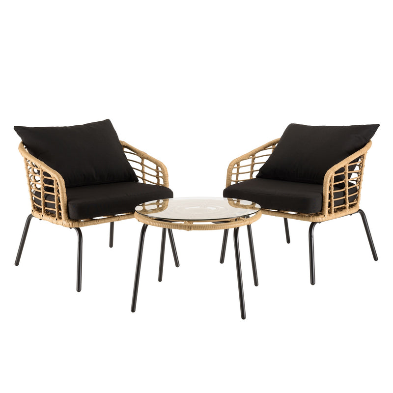 Malo - Lot De 2 Fauteuils Jardin - Acier/Rotin Synthétique/Verre Trempé/Tissu Polyester 100% - Noir/Bois Clair