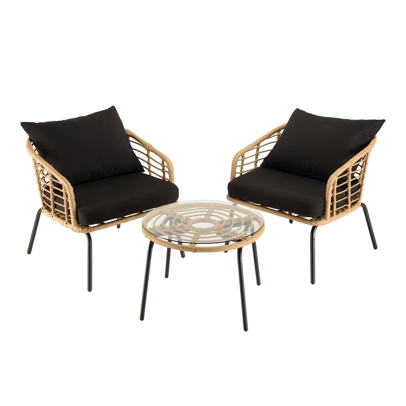 Malo - Lot De 2 Fauteuils Jardin - Acier/Rotin Synthétique/Verre Trempé/Tissu Polyester 100% - Noir/Bois Clair
