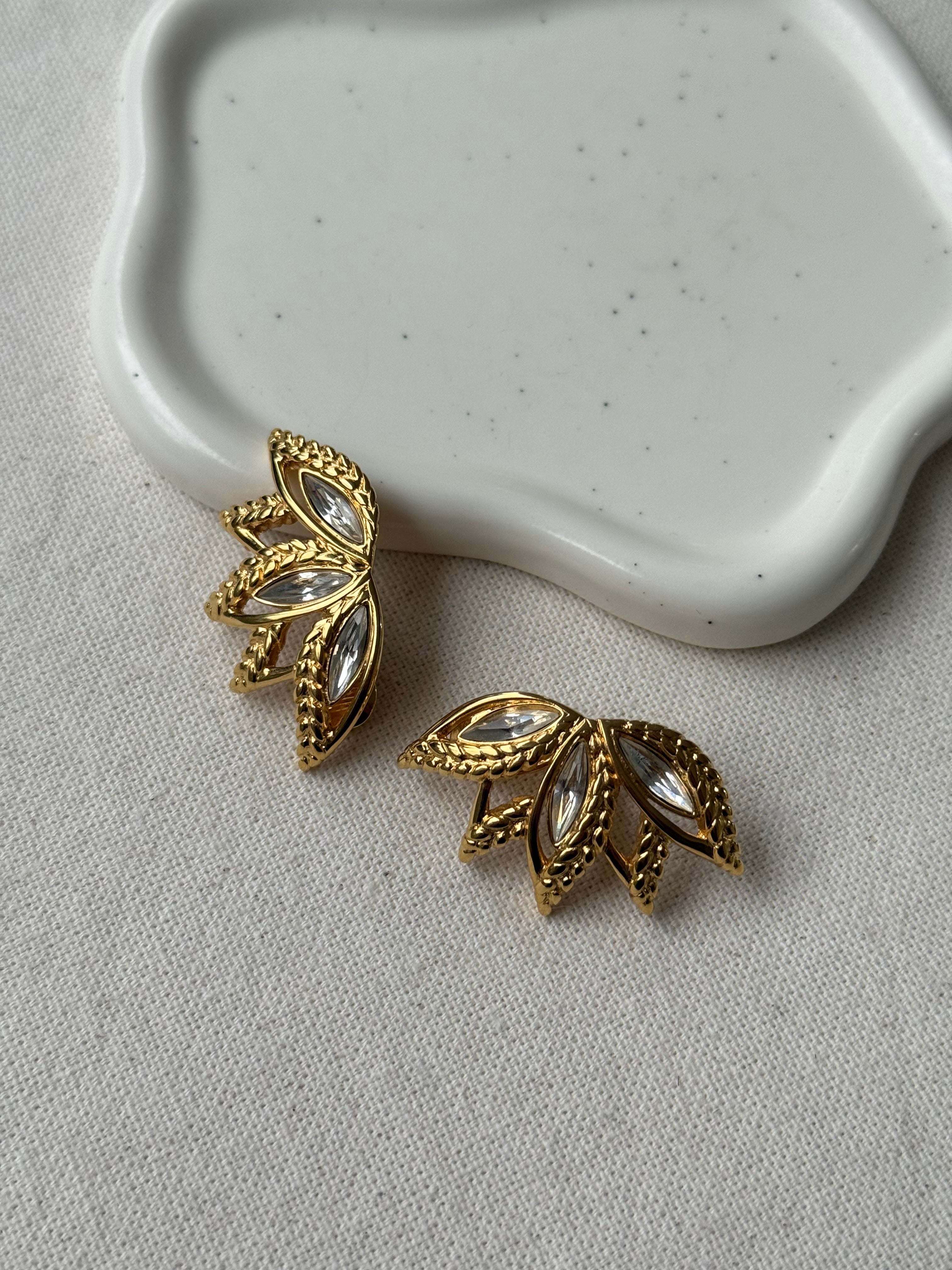 Boucles D’Oreilles Monet Vintage - Feuilles Dorées Et Strass Cristal