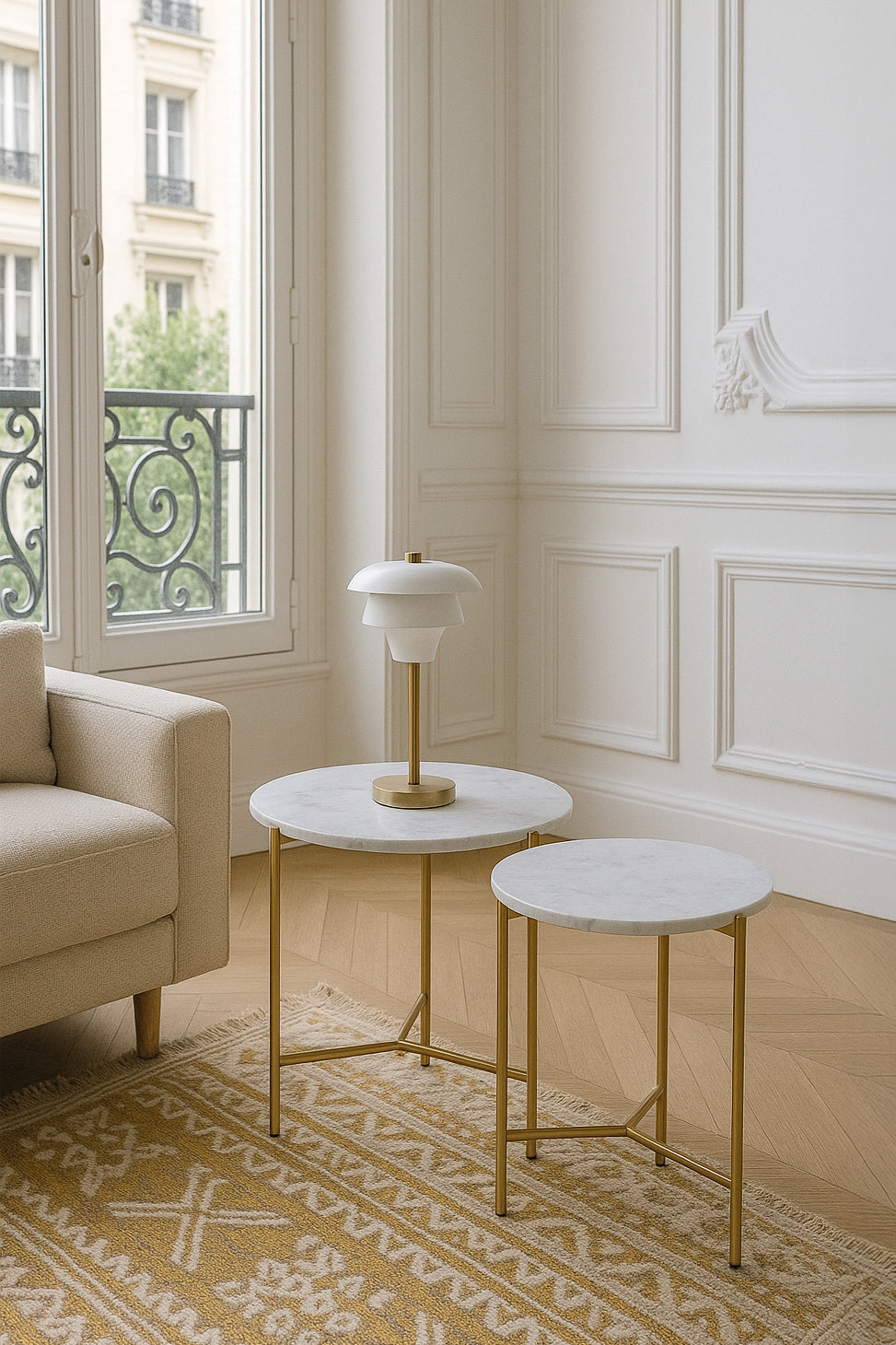 Set Of 2 Shiap Marble Effect Coffee Tables - White, Matt Gold Metal