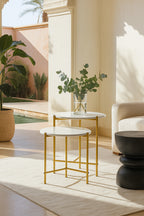 Set Of 2 Shiap Marble Effect Coffee Tables - White, Matt Gold Metal