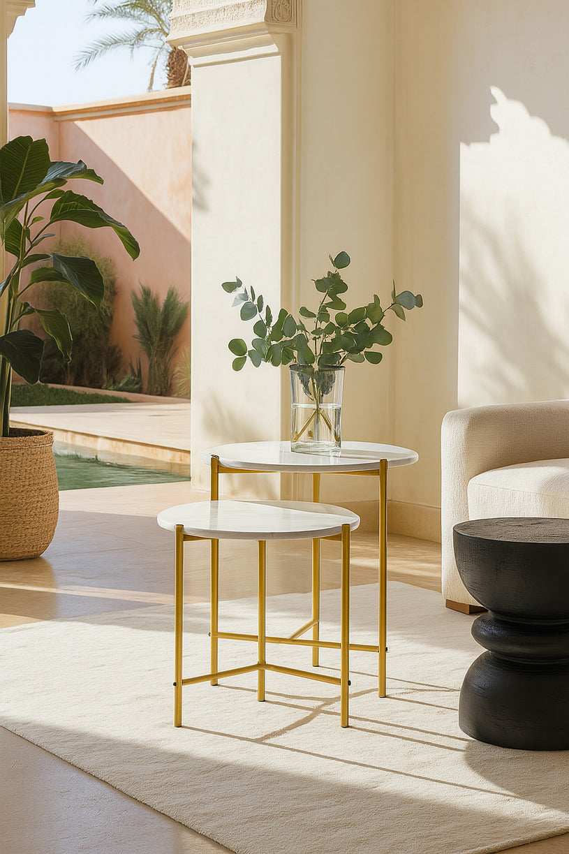Set Of 2 Shiap Marble Effect Coffee Tables - White, Matt Gold Metal