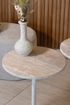 Mueble auxiliar Bari de metal blanco con tapa de travertino - Beige