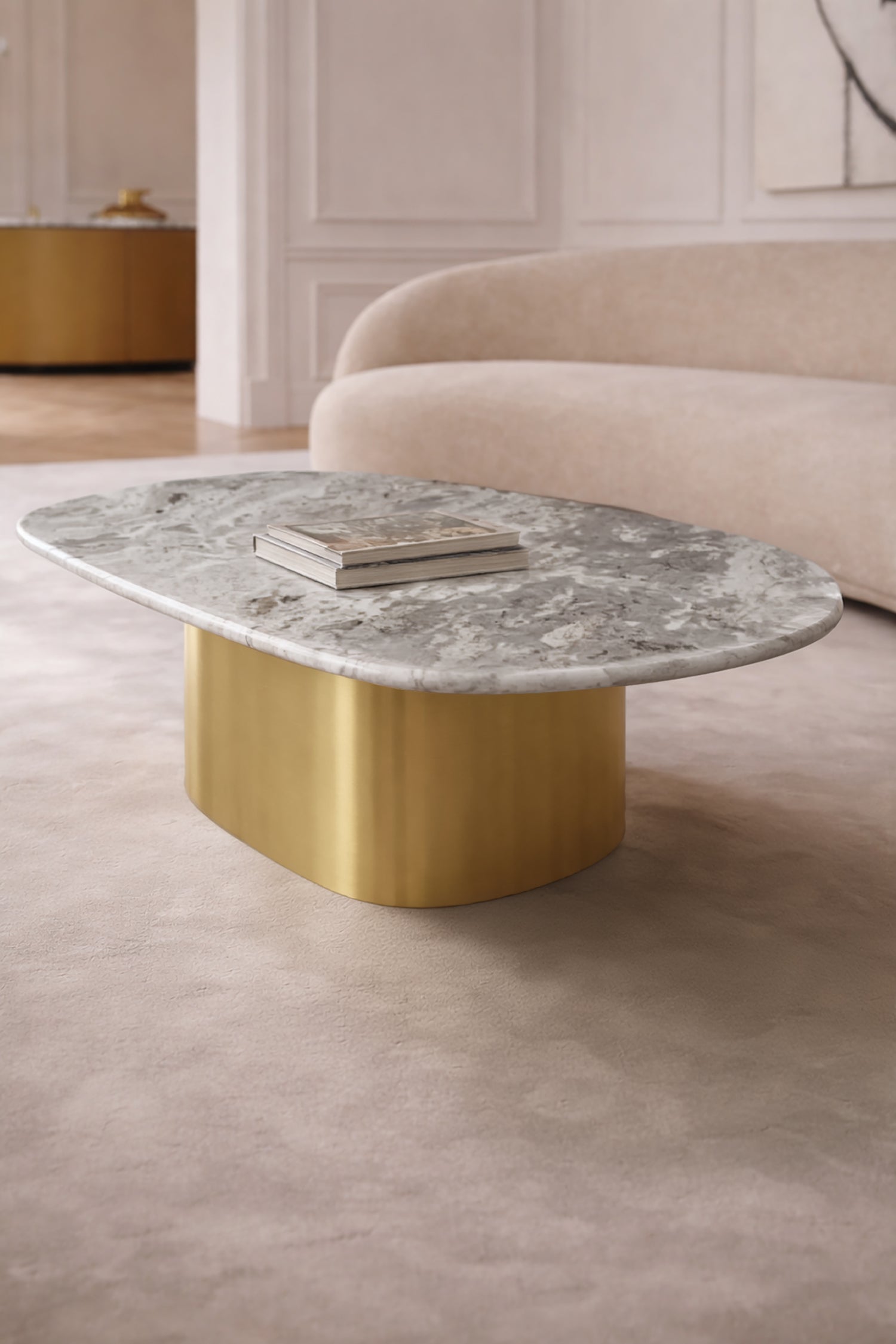 Fedje Coffee Table with Natural Marble Top and Gold Metal Base