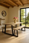 Set of 2 Large Hera Benches - Pine Wood and Acacia - Metal Feet