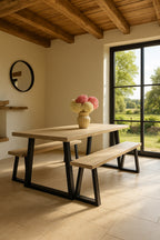 Set of 2 Large Hera Benches - Pine Wood and Acacia - Metal Feet