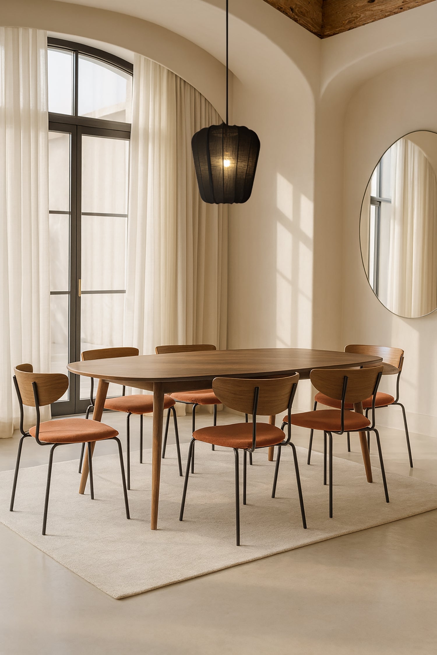 Walnut Wood Table And 6 Riva Chairs - Terracotta Corduroy