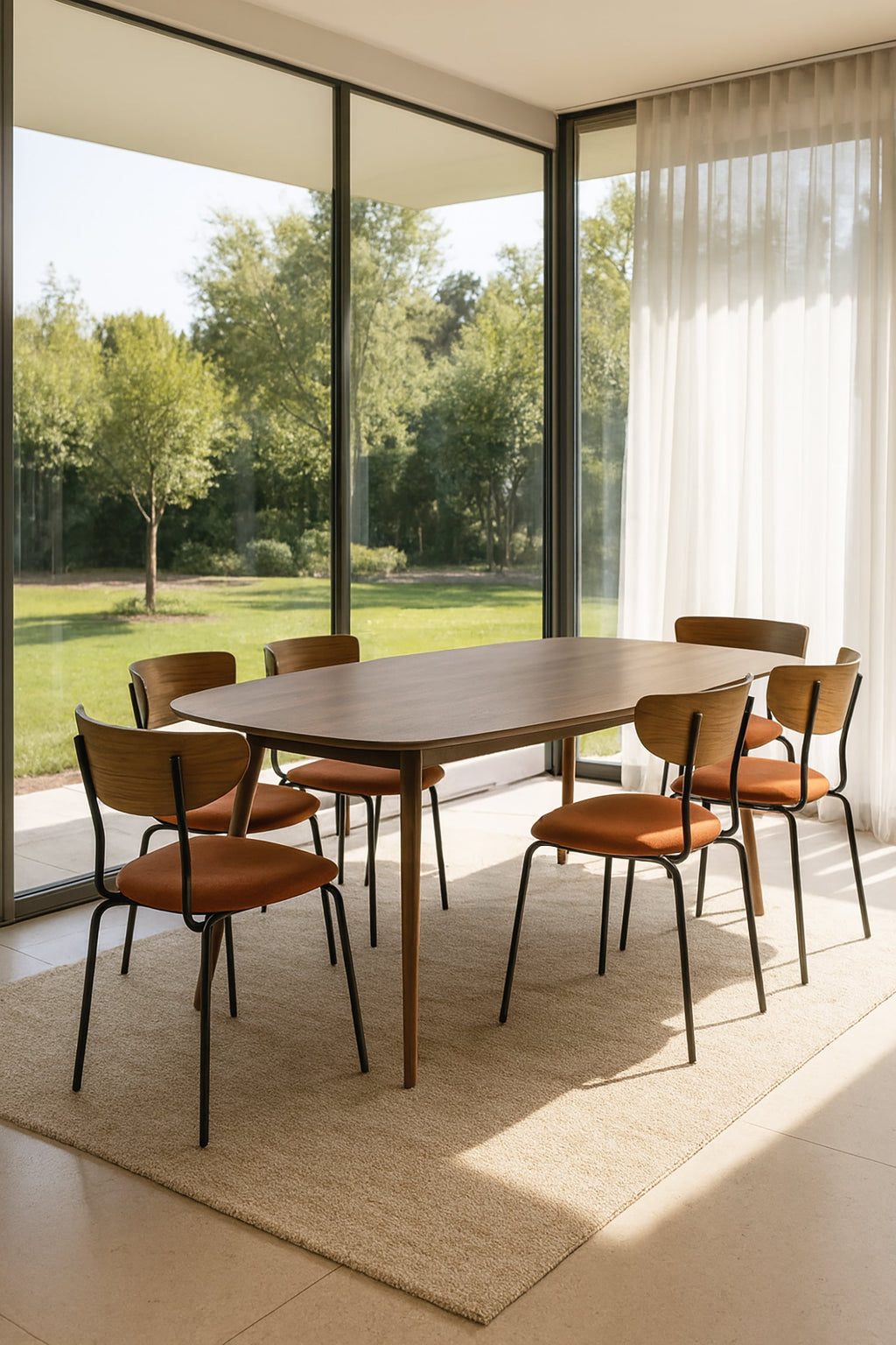 Walnut Wood Table And 6 Riva Chairs - Terracotta Corduroy