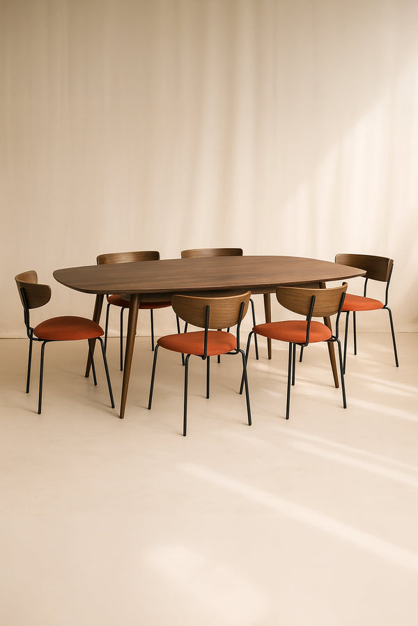 Walnut Wood Table And 6 Riva Chairs - Terracotta Corduroy
