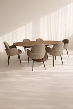Ginette - Ensemble Table Extensible Ovale + 6 Fauteuils - Effet Noyer/Tweed - Tabac/Noyer