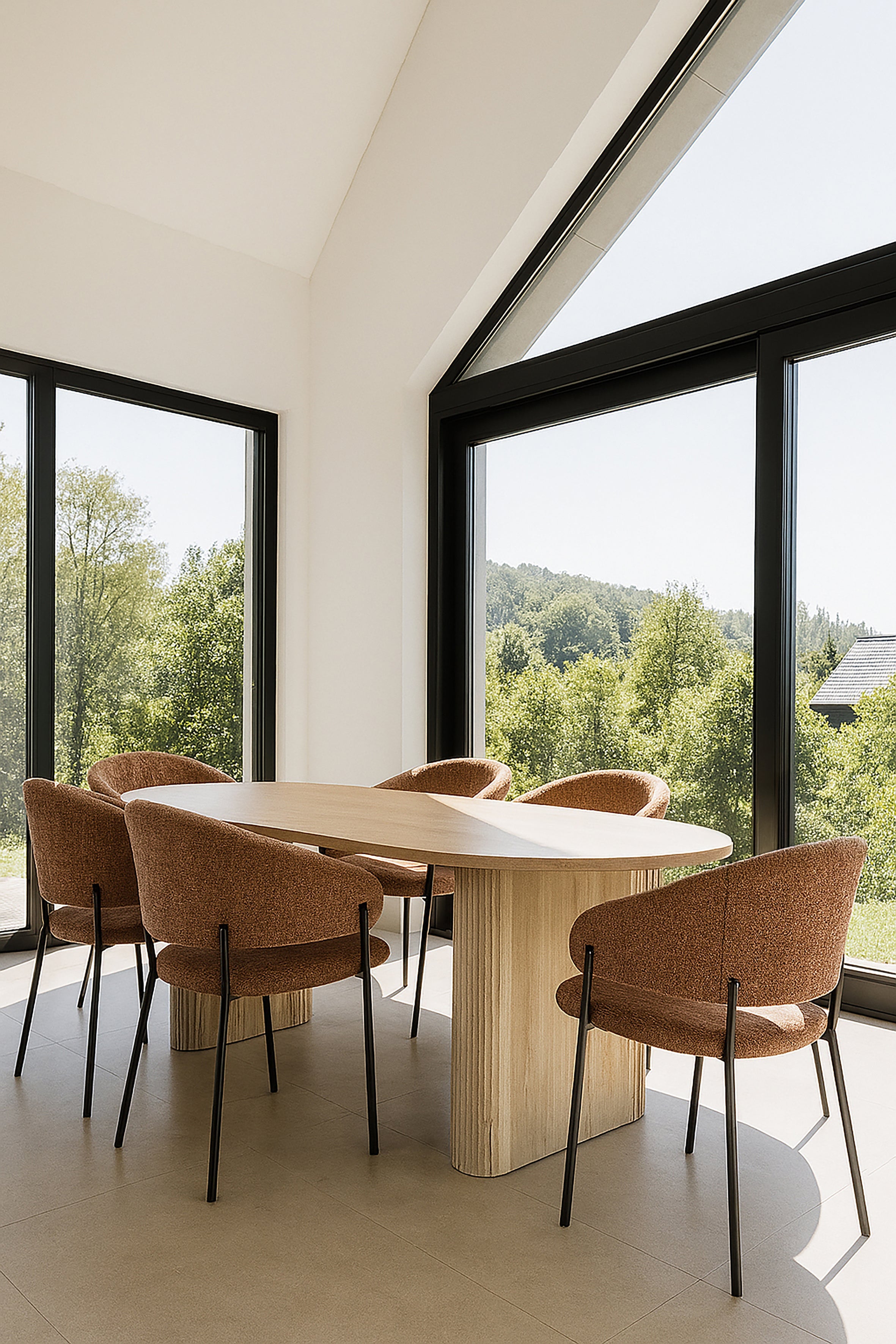 Quito - Ens Table 220Cm - Tissu Tweed/Effet Bois - Brique/Naturel