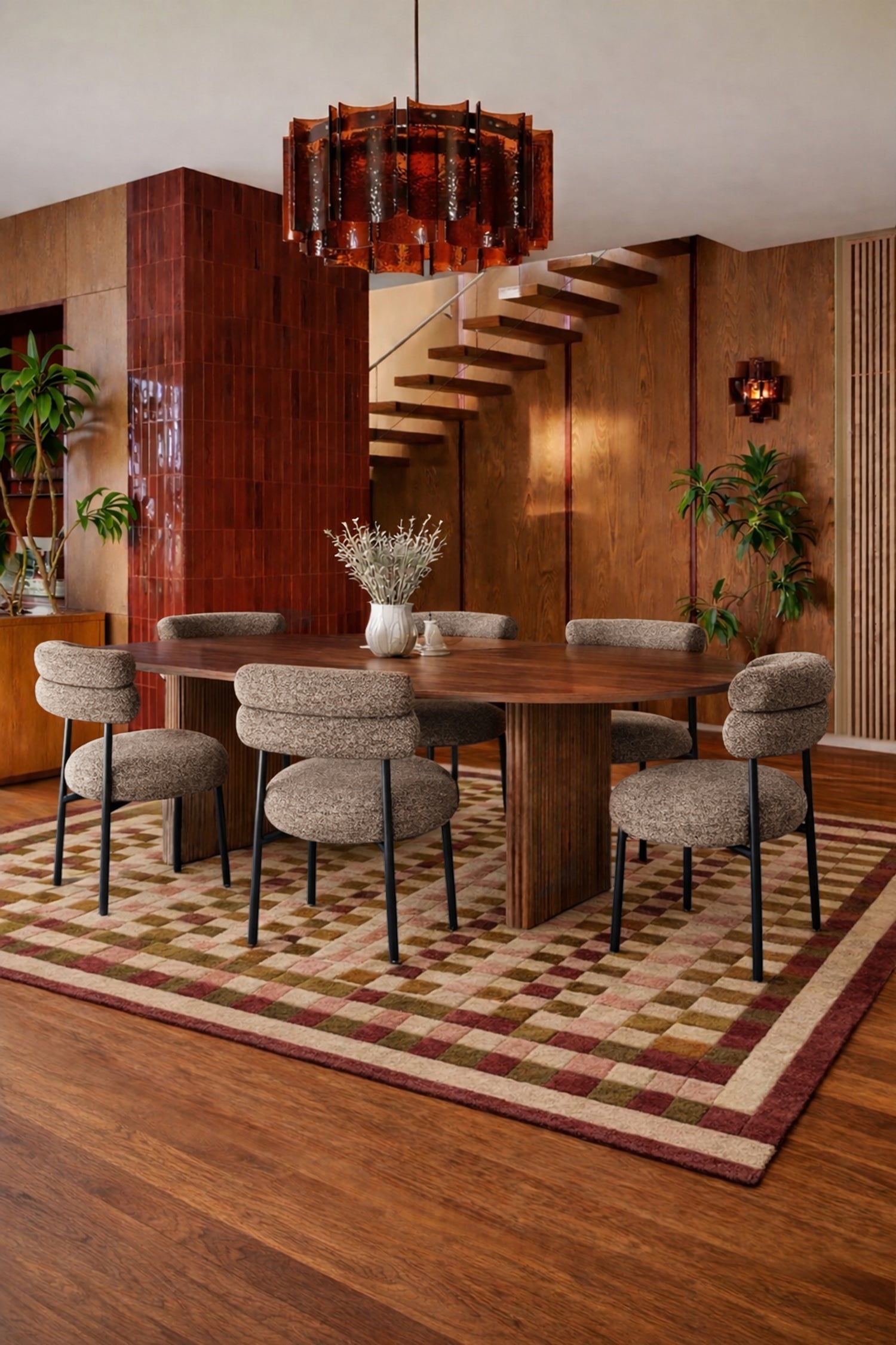 Gina - Ensemble Table Ova Le 230Cm +6Chaises - Tweed/Métal - Noir/Moka
