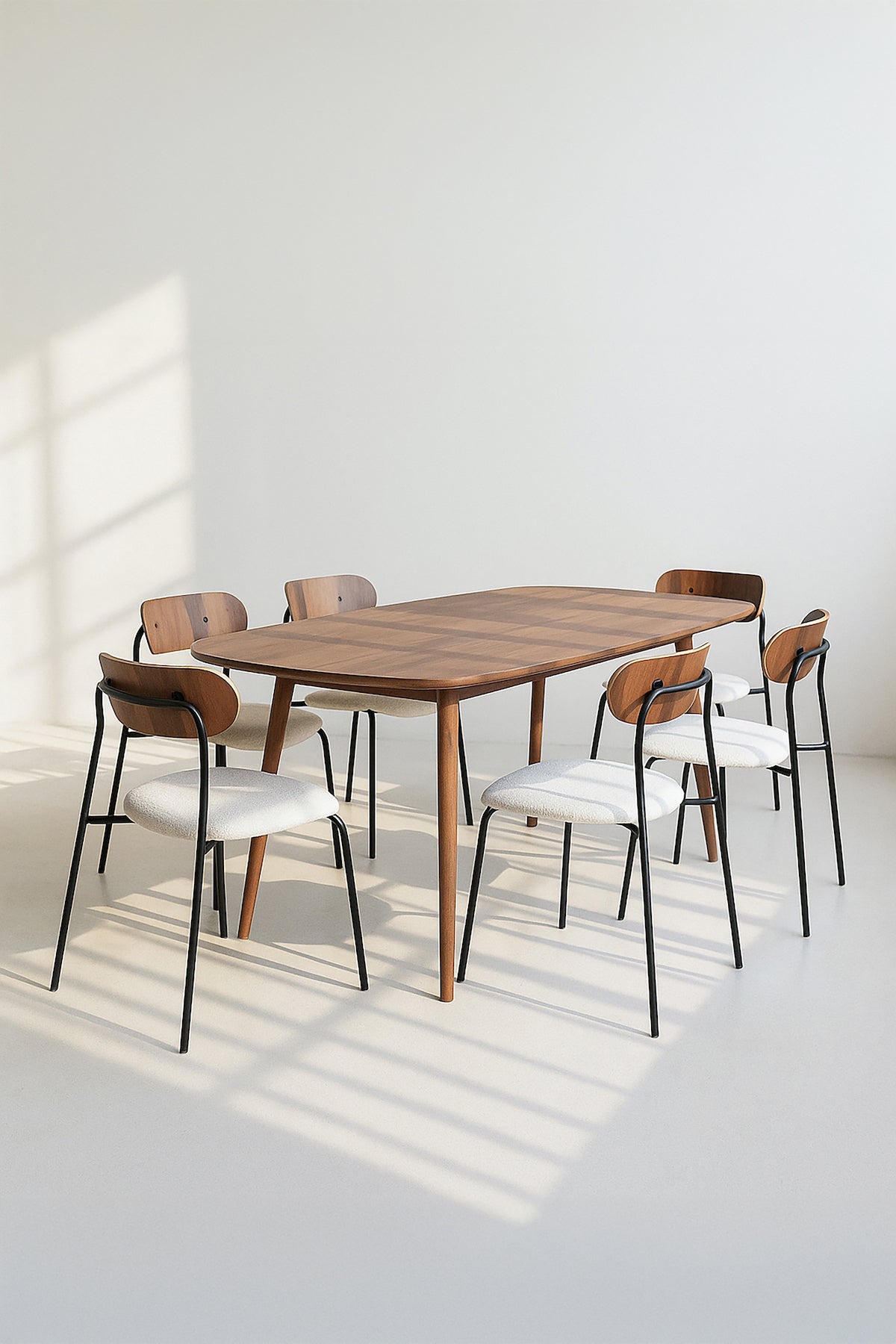 Conjunto Callao - Mesa Madera Nogal + 6 Sillas Teddy Crudo