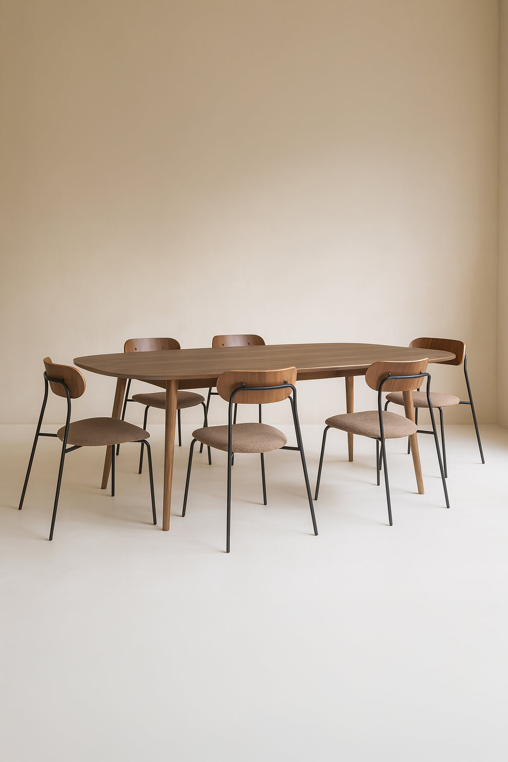 Conjunto Callao - Mesa Madera Nogal + 6 Sillas Teddy Marrón