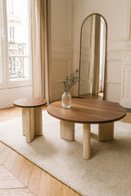 Round Amber Side Cabinet - Natural Travertine And Walnut Effect