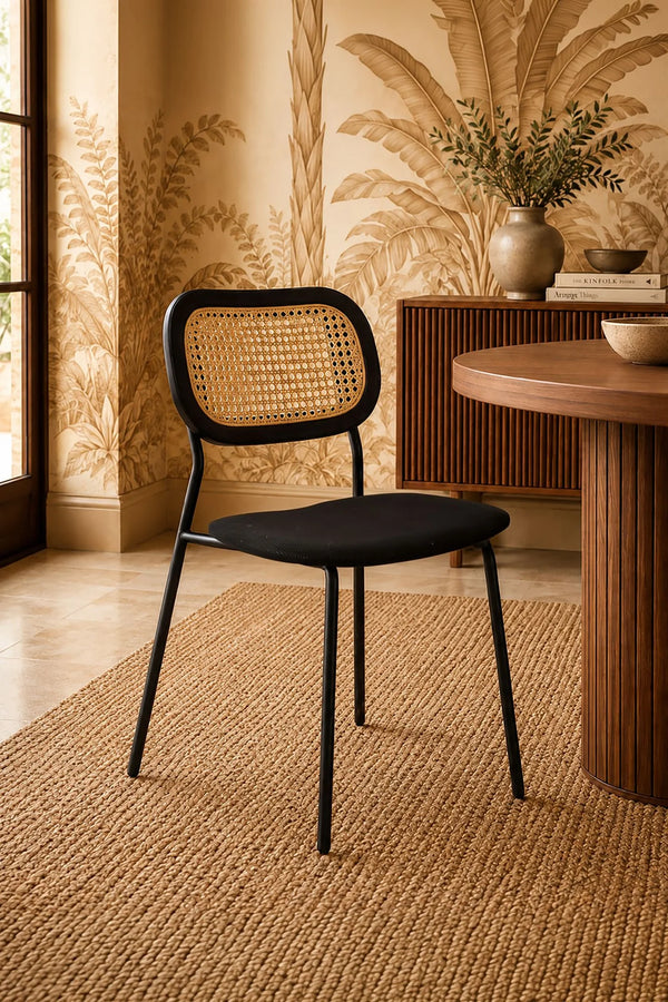 Nosara - Set of 2 Chairs - Corduroy/Rattan/Metal/Wood - Black
