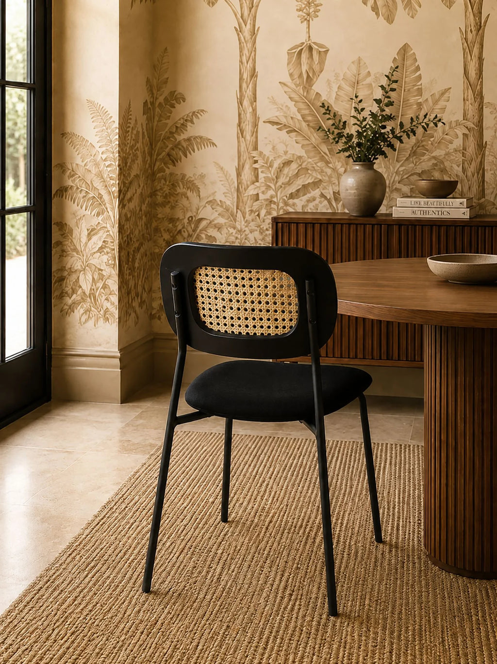 Nosara - Lot 2 Chaises - Velours Cotelé/Rotin/Métal/Bois - Noir
