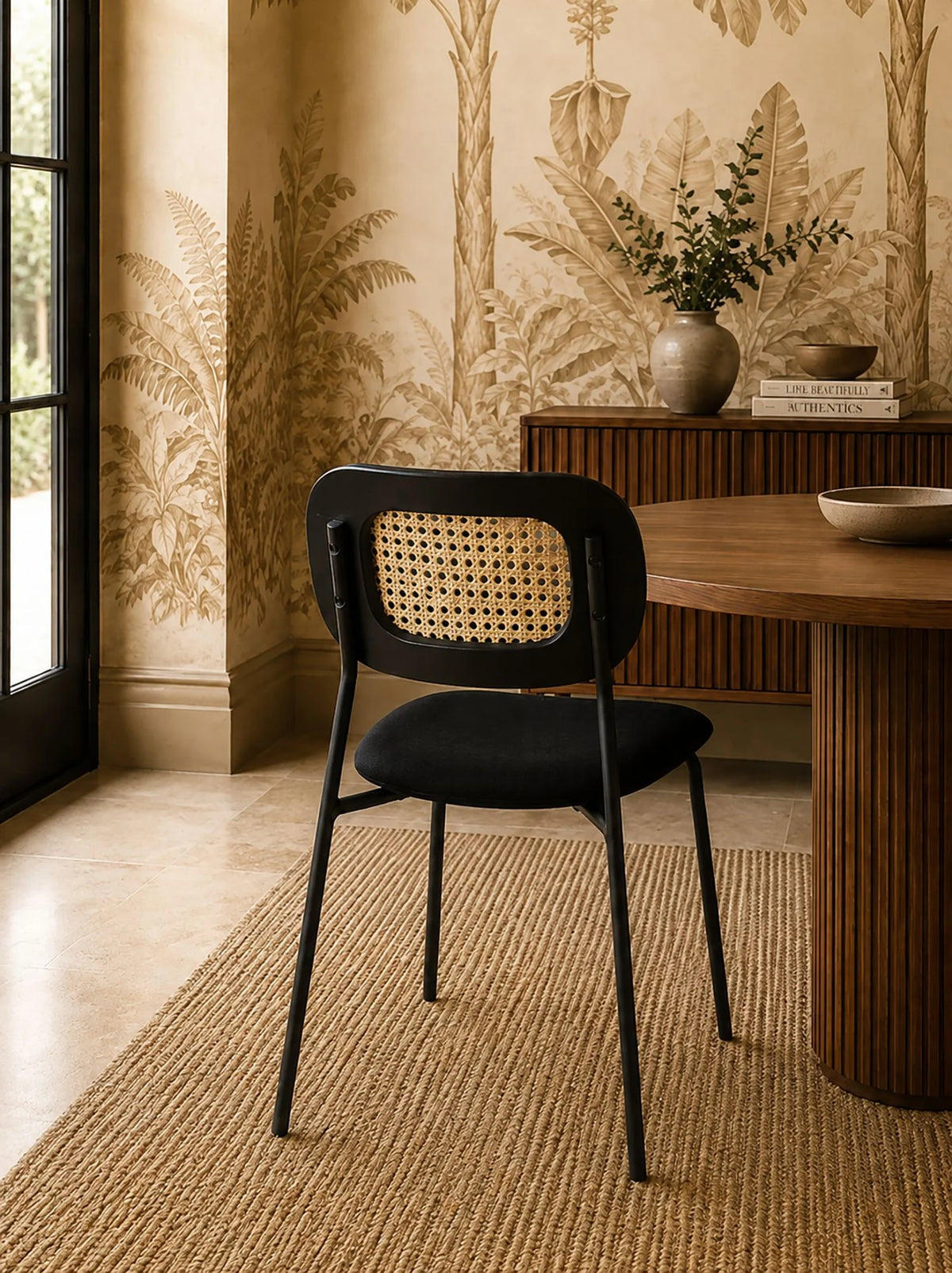 Nosara - Lot 2 Chaises - Velours Cotelé/Rotin/Métal/Bois - Noir