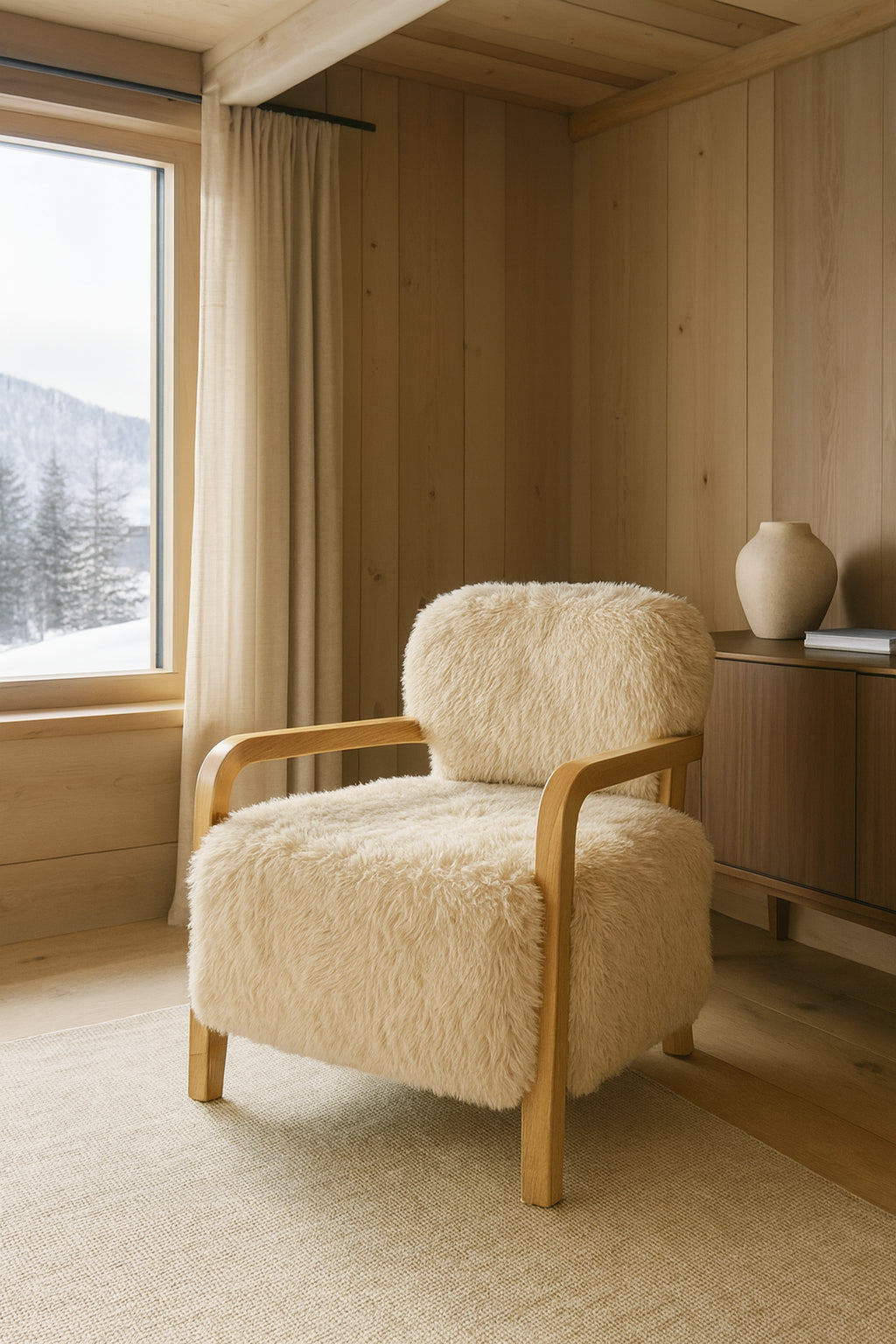 Yack - Fauteuil - Fourrure/Tissu/Bois - Beige