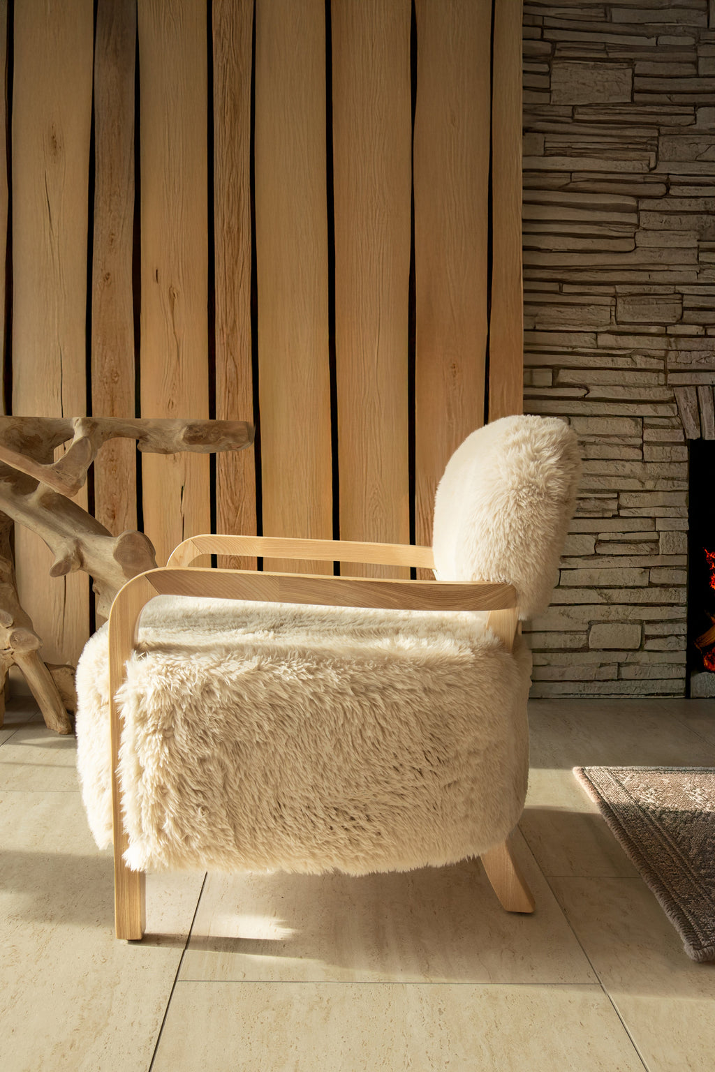 Yack - Fauteuil - Fourrure/Tissu/Bois - Beige