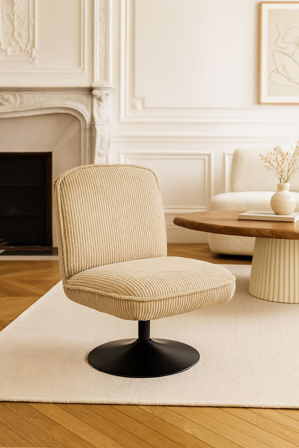 Funky Swivel Armchair In Corduroy - Beige, Black Metal