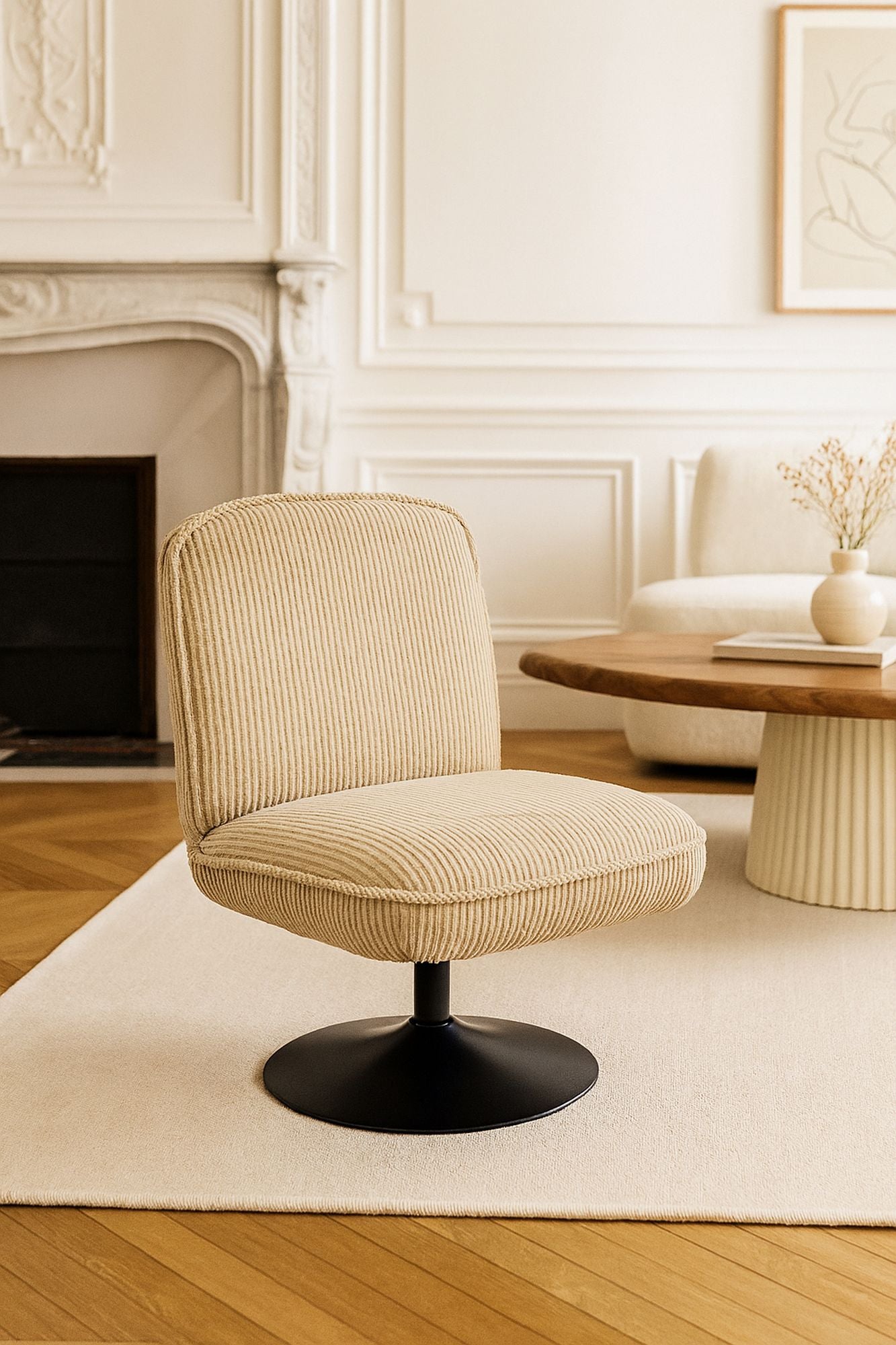 Funky Swivel Armchair In Corduroy - Beige, Black Metal