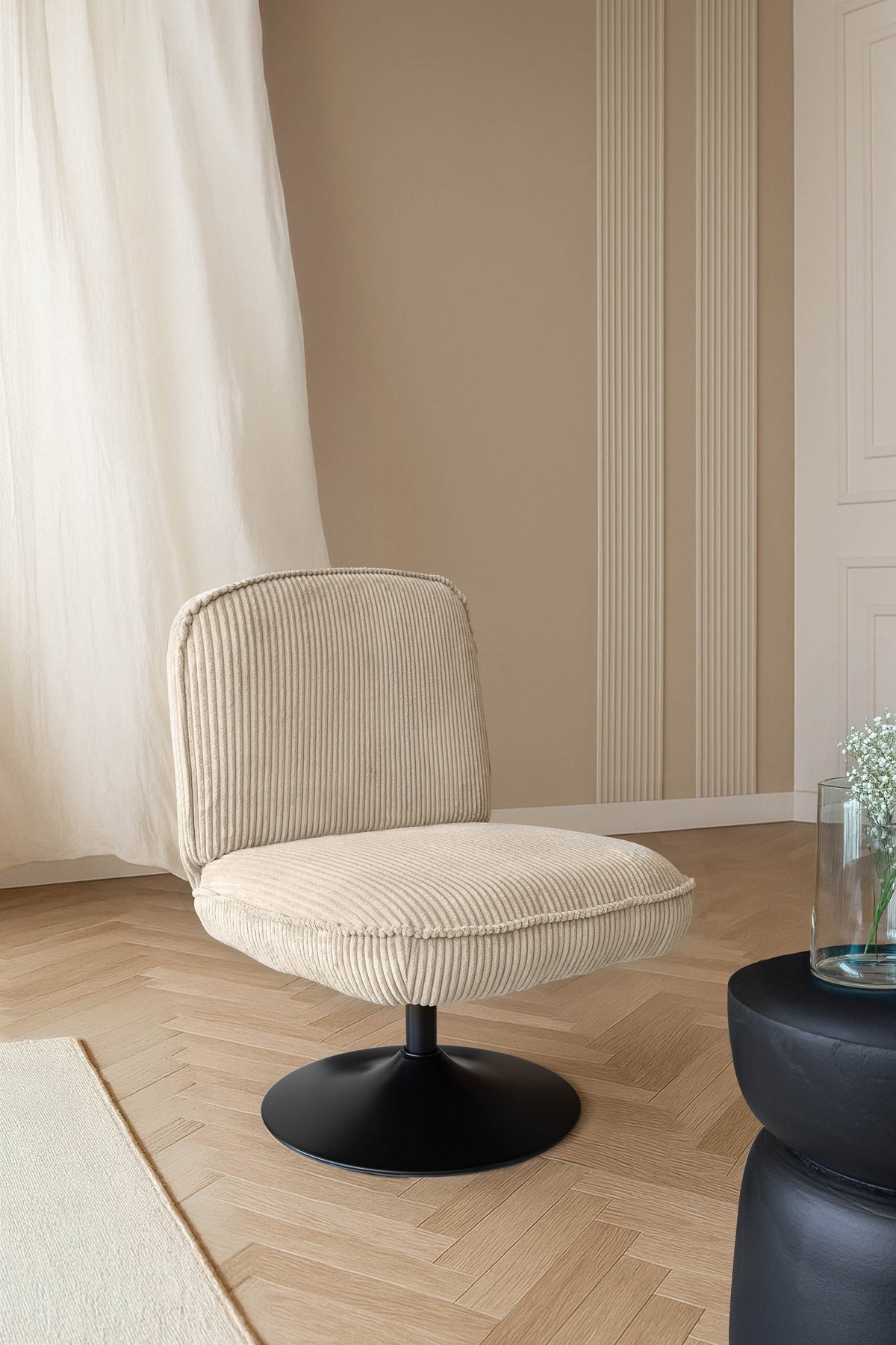 Funky - Fauteuil Pivotant - Velour Côtelé/Métal - Beige/Noir