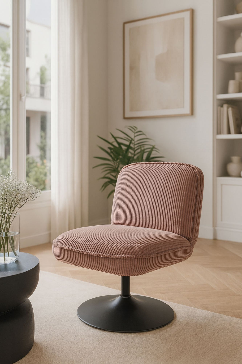 Funky Swivel Armchair - Corduroy - Pink With Black Metal Legs