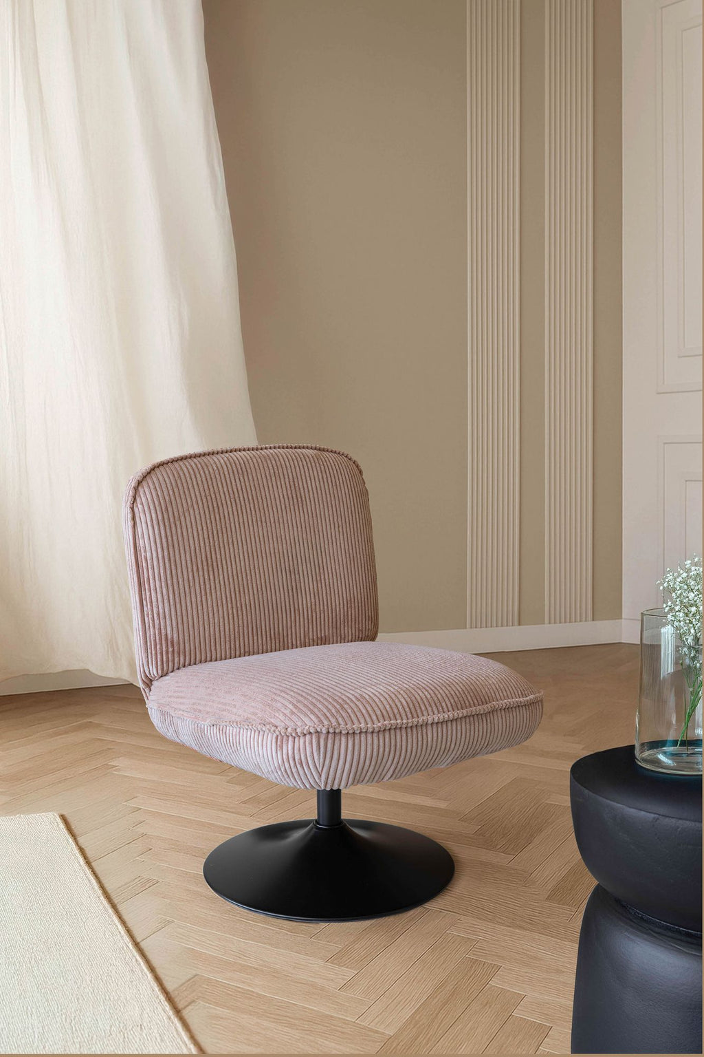 Funky Swivel Armchair - Corduroy - Pink With Black Metal Legs