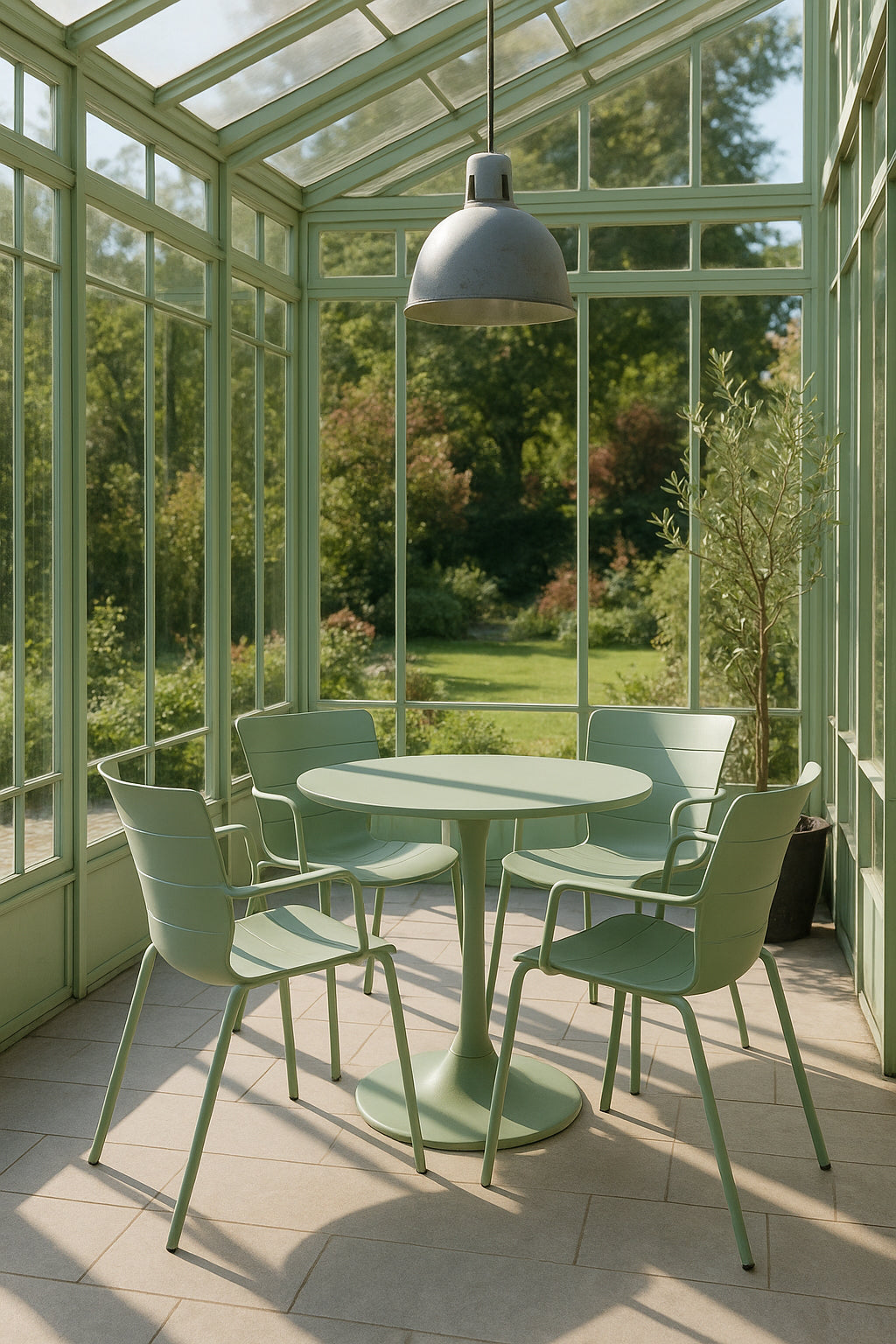 Montauk Indoor Table And 4 Armchairs Set - Polypropylene And Green Metal
