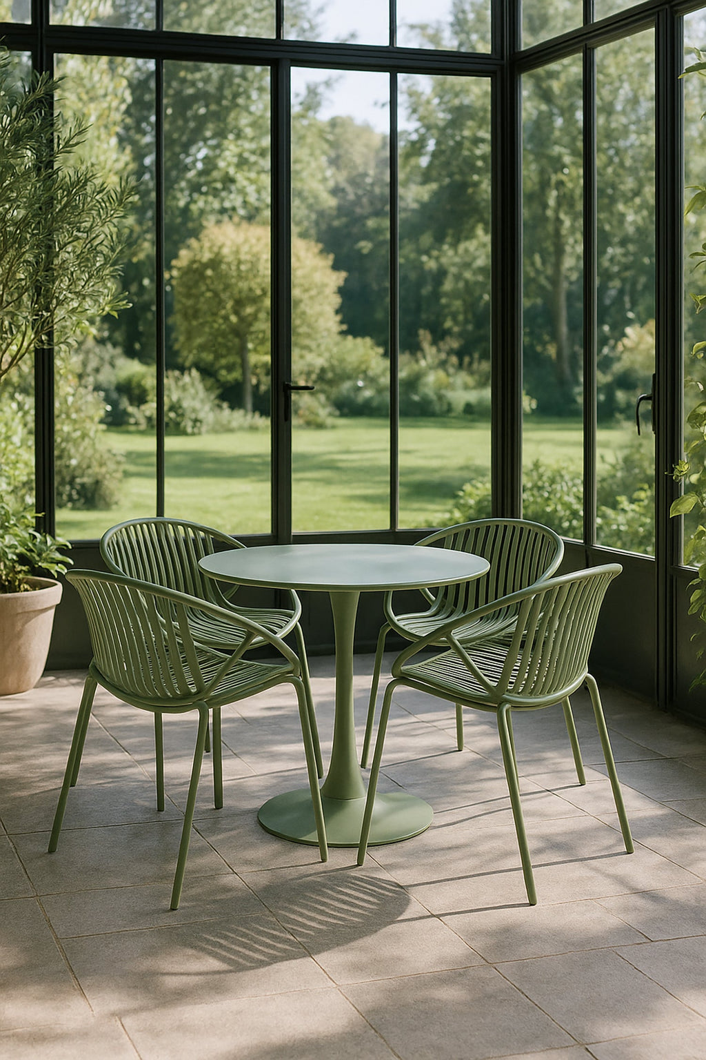Calypso - Ensemble Table/4Fauteuil De Table - Métal Et Polypropylene - Vert